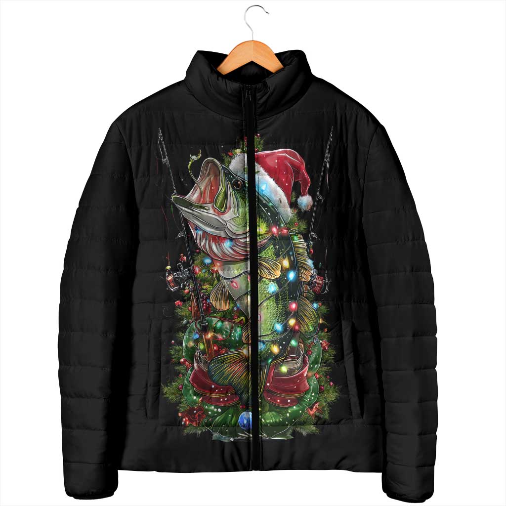 Custom Christmas Bass Fishing Padded Jacket Santa Hat and Holiday Lights on Black Background - Wonder Print Shop