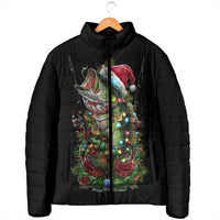 Custom Christmas Bass Fishing Padded Jacket Santa Hat and Holiday Lights on Black Background - Wonder Print Shop