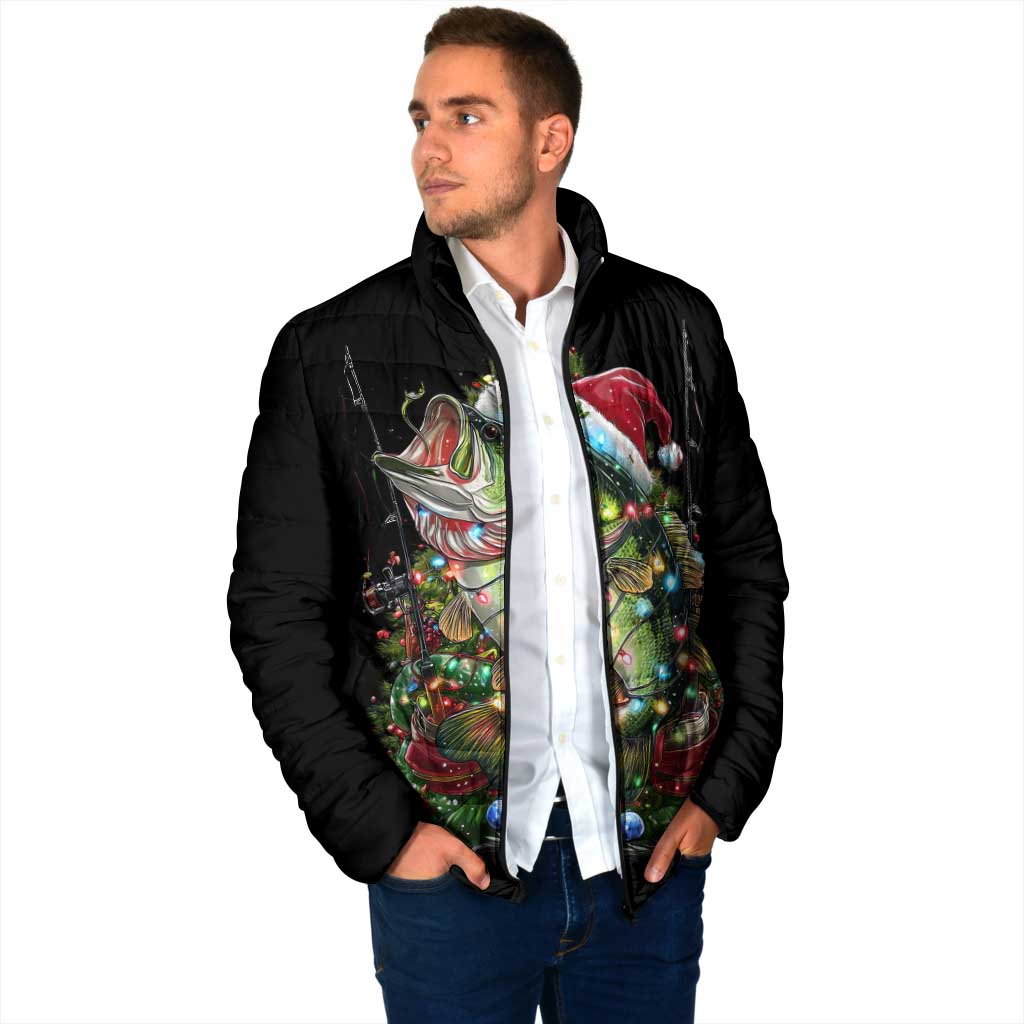 Custom Christmas Bass Fishing Padded Jacket Santa Hat and Holiday Lights on Black Background - Wonder Print Shop