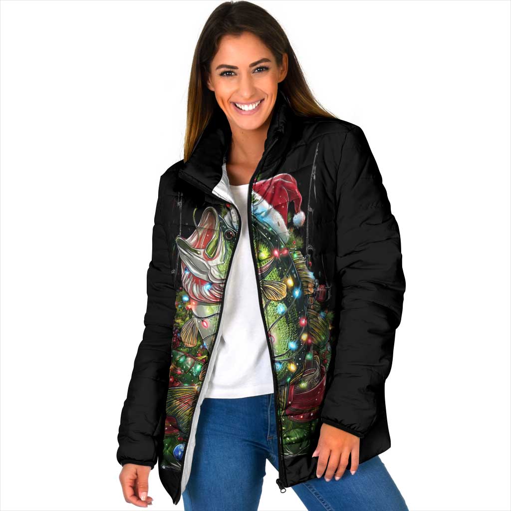 Custom Christmas Bass Fishing Padded Jacket Santa Hat and Holiday Lights on Black Background - Wonder Print Shop