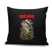 Custom Christmas Bass Fishing Pillow Cover Santa Hat and Holiday Lights on Black Background - Wonder Print Shop