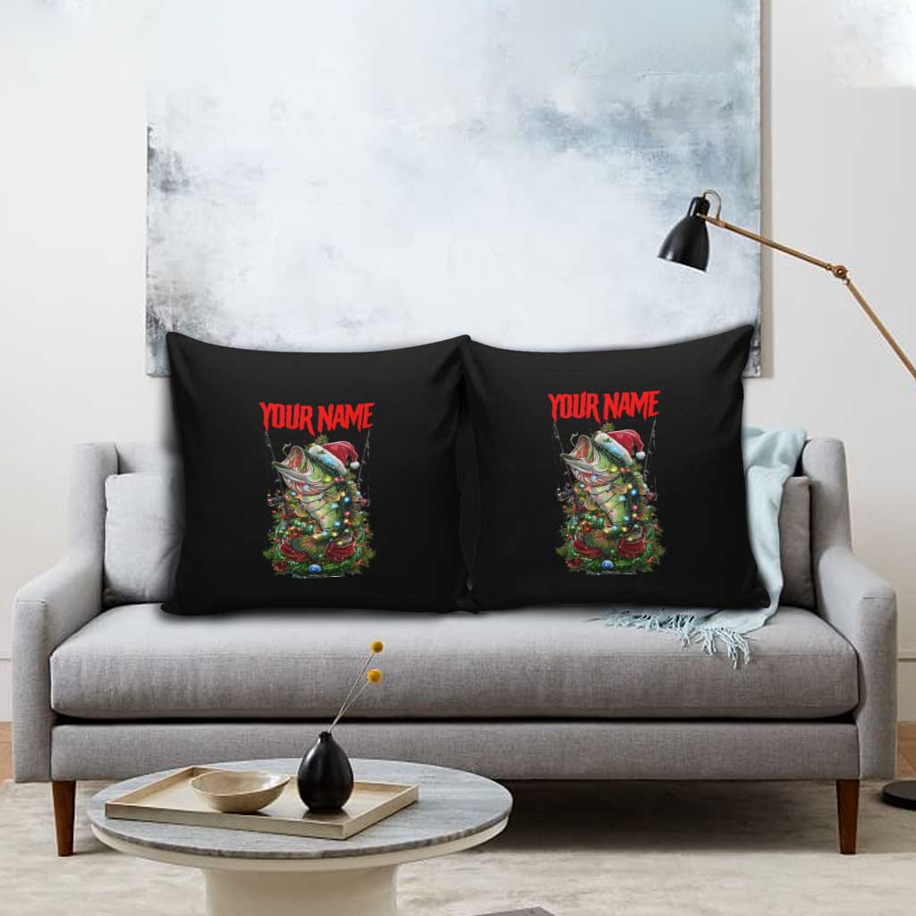 Custom Christmas Bass Fishing Pillow Cover Santa Hat and Holiday Lights on Black Background - Wonder Print Shop