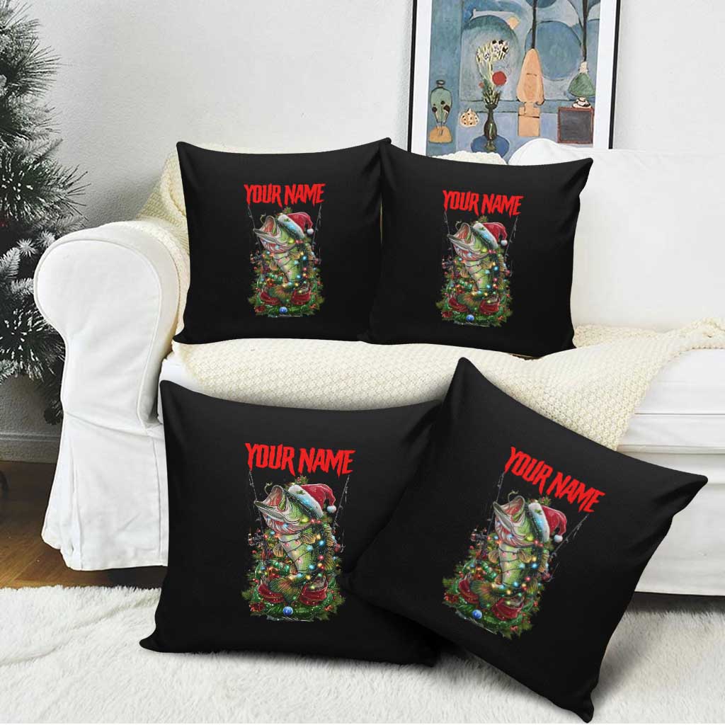 Custom Christmas Bass Fishing Pillow Cover Santa Hat and Holiday Lights on Black Background - Wonder Print Shop