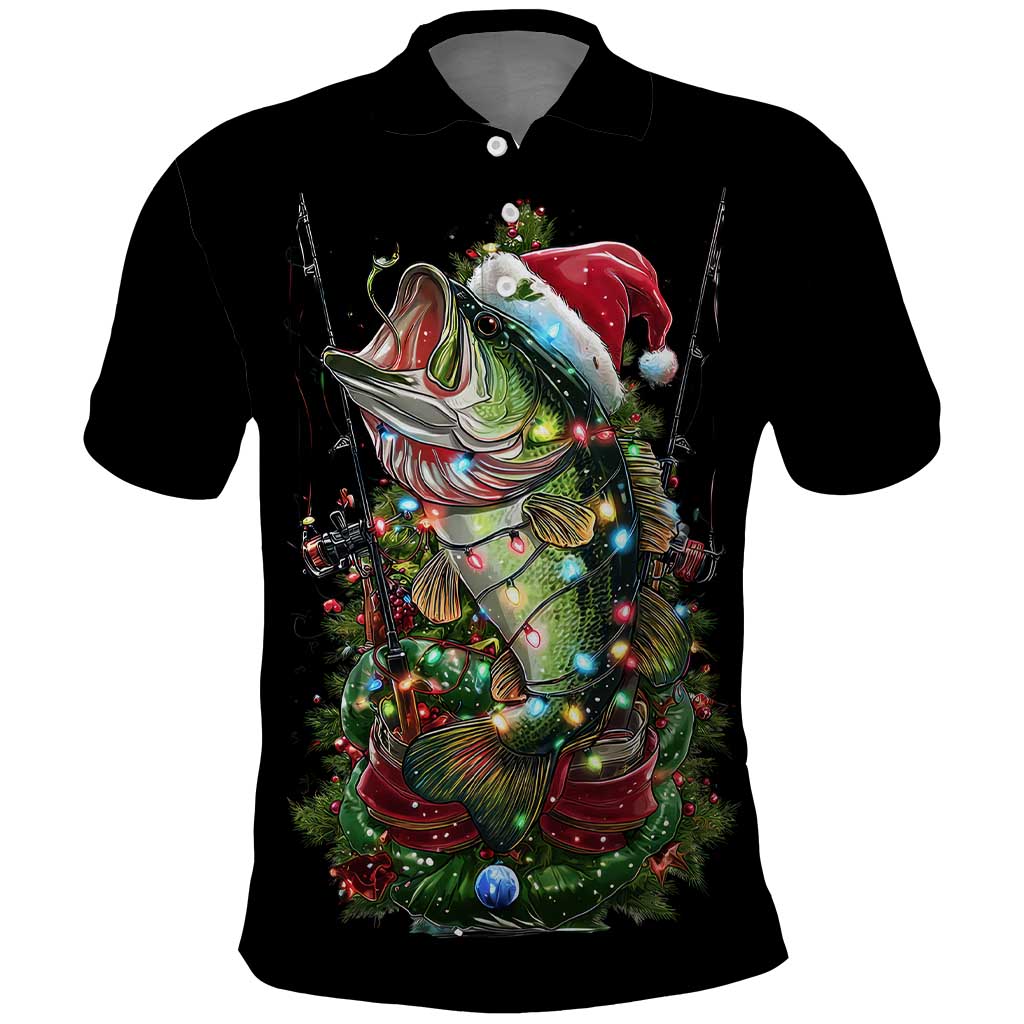 Custom Christmas Bass Fishing Polo Shirt Santa Hat and Holiday Lights on Black Background - Wonder Print Shop