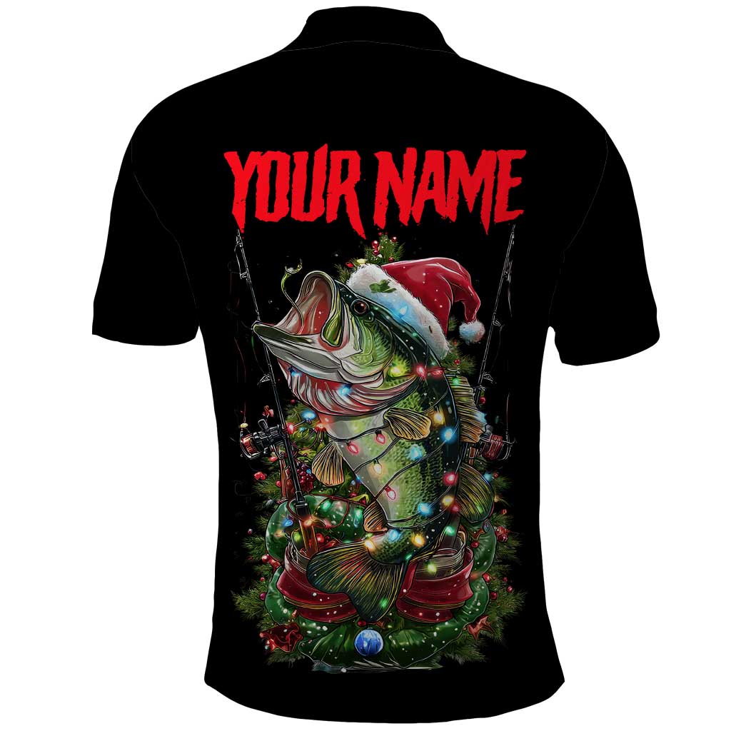 Custom Christmas Bass Fishing Polo Shirt Santa Hat and Holiday Lights on Black Background - Wonder Print Shop
