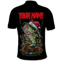 Custom Christmas Bass Fishing Polo Shirt Santa Hat and Holiday Lights on Black Background - Wonder Print Shop