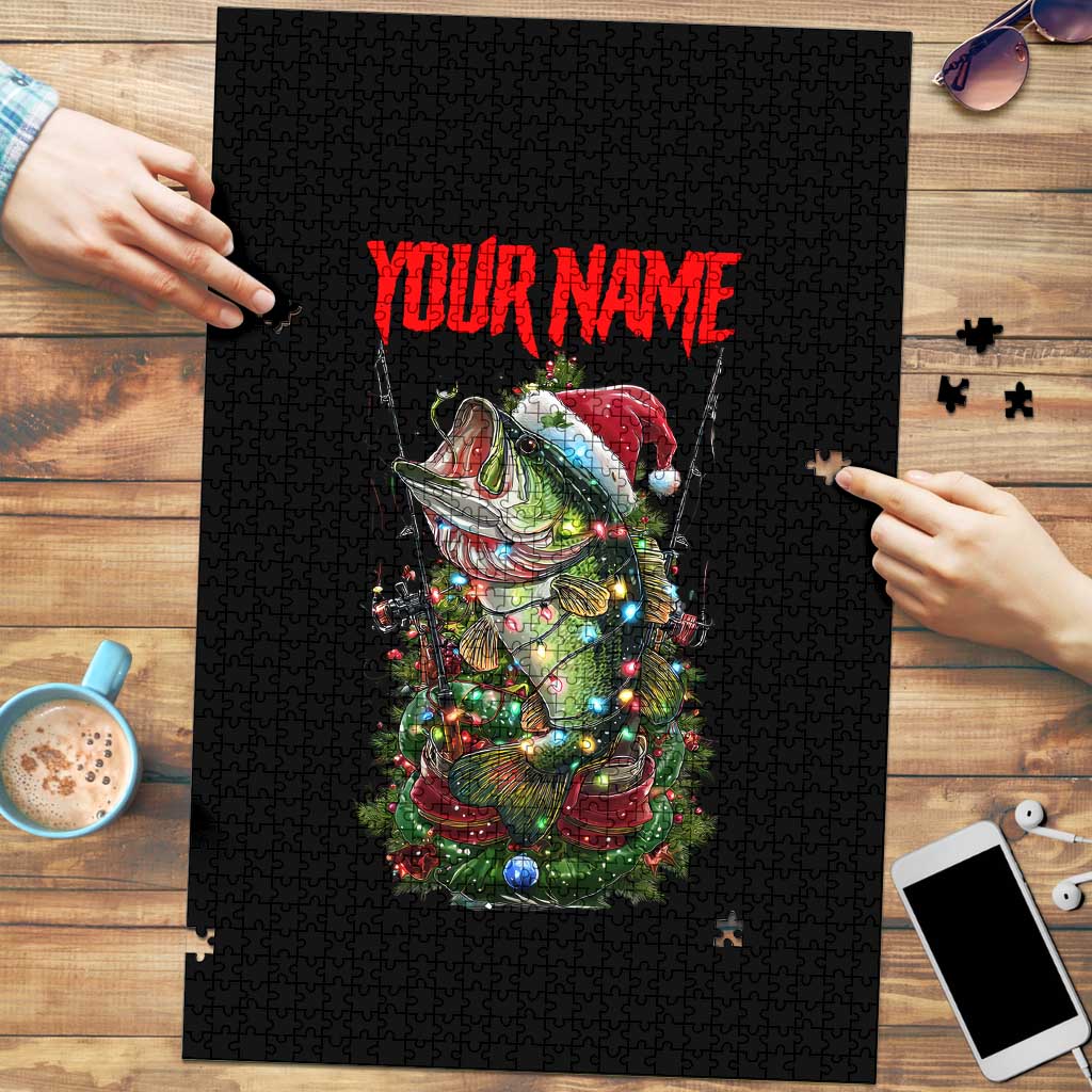 Custom Christmas Bass Fishing Puzzle Santa Hat and Holiday Lights on Black Background - Wonder Print Shop