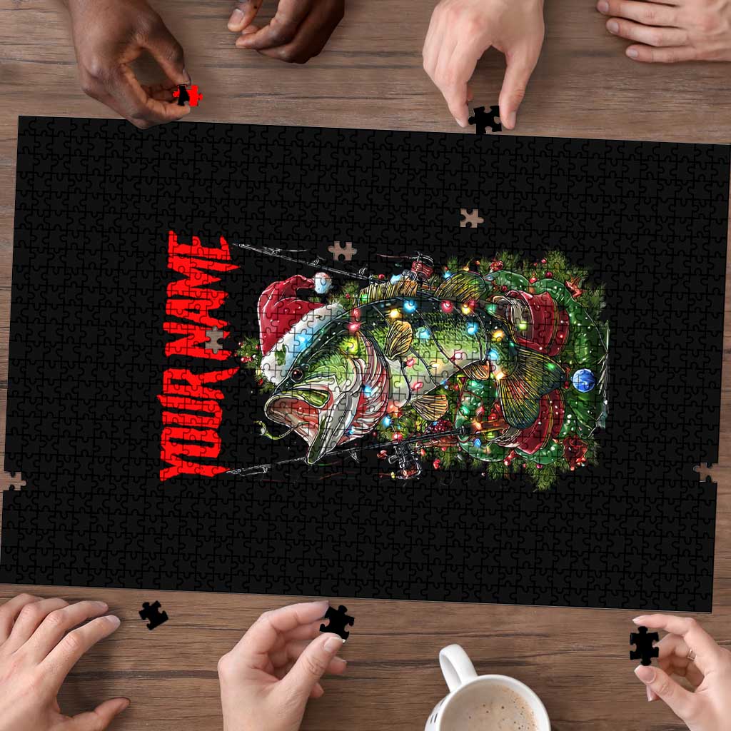 Custom Christmas Bass Fishing Puzzle Santa Hat and Holiday Lights on Black Background - Wonder Print Shop