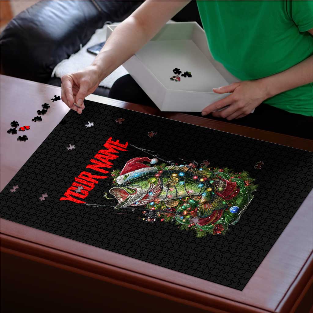 Custom Christmas Bass Fishing Puzzle Santa Hat and Holiday Lights on Black Background - Wonder Print Shop