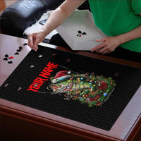 Custom Christmas Bass Fishing Puzzle Santa Hat and Holiday Lights on Black Background - Wonder Print Shop