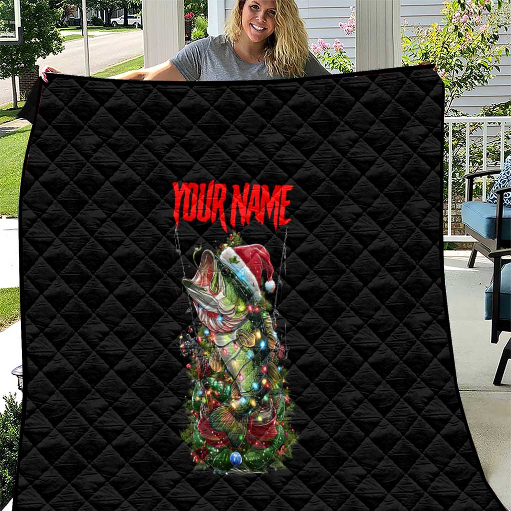 Custom Christmas Bass Fishing Quilt Santa Hat and Holiday Lights on Black Background - Wonder Print Shop
