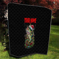 Custom Christmas Bass Fishing Quilt Santa Hat and Holiday Lights on Black Background - Wonder Print Shop