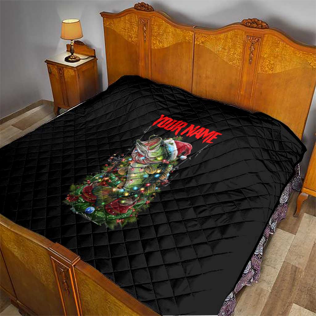 Custom Christmas Bass Fishing Quilt Santa Hat and Holiday Lights on Black Background - Wonder Print Shop