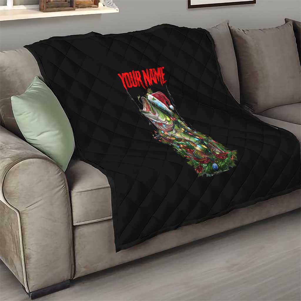 Custom Christmas Bass Fishing Quilt Santa Hat and Holiday Lights on Black Background - Wonder Print Shop