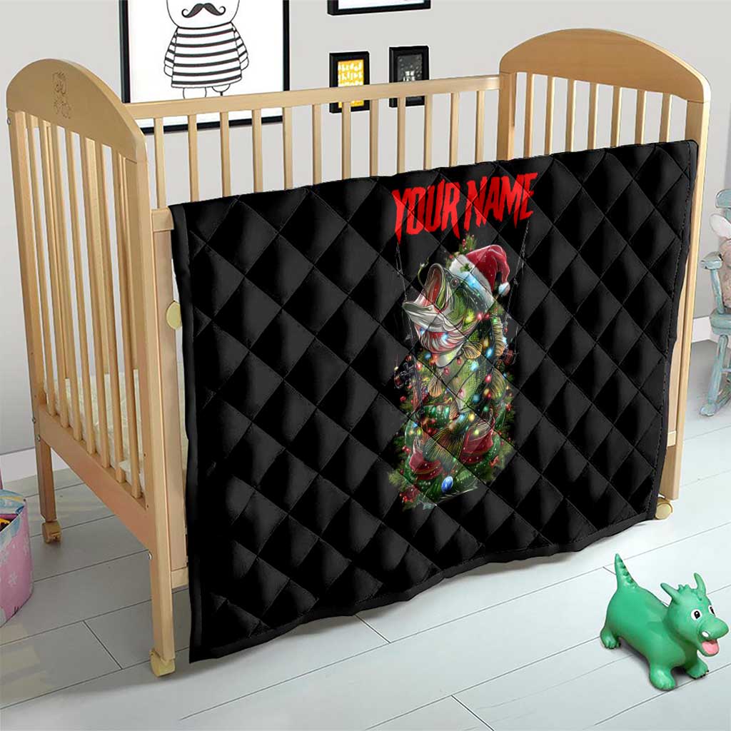 Custom Christmas Bass Fishing Quilt Santa Hat and Holiday Lights on Black Background - Wonder Print Shop