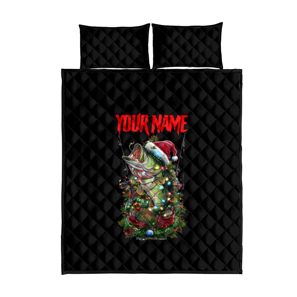 Custom Christmas Bass Fishing Quilt Bed Set Santa Hat and Holiday Lights on Black Background - Wonder Print Shop