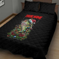 Custom Christmas Bass Fishing Quilt Bed Set Santa Hat and Holiday Lights on Black Background - Wonder Print Shop