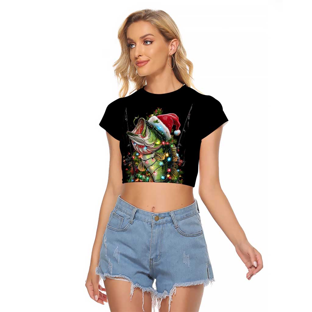 Custom Christmas Bass Fishing Raglan Cropped T Shirt Santa Hat and Holiday Lights on Black Background - Wonder Print Shop