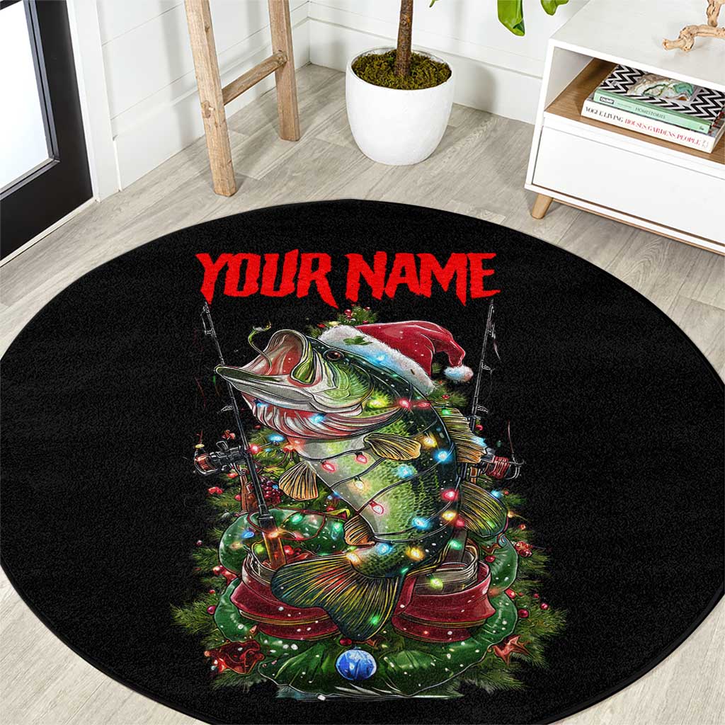Custom Christmas Bass Fishing Round Carpet Santa Hat and Holiday Lights on Black Background - Wonder Print Shop