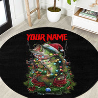 Custom Christmas Bass Fishing Round Carpet Santa Hat and Holiday Lights on Black Background - Wonder Print Shop