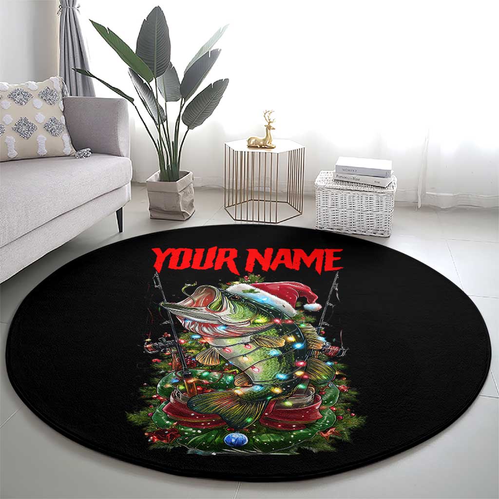 Custom Christmas Bass Fishing Round Carpet Santa Hat and Holiday Lights on Black Background - Wonder Print Shop