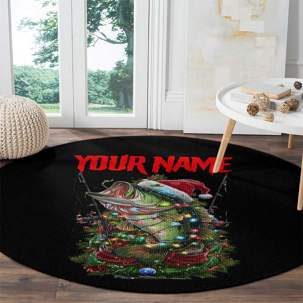 Custom Christmas Bass Fishing Round Carpet Santa Hat and Holiday Lights on Black Background - Wonder Print Shop