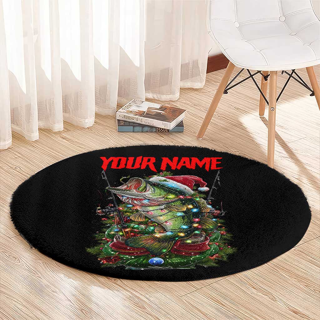Custom Christmas Bass Fishing Round Carpet Santa Hat and Holiday Lights on Black Background - Wonder Print Shop