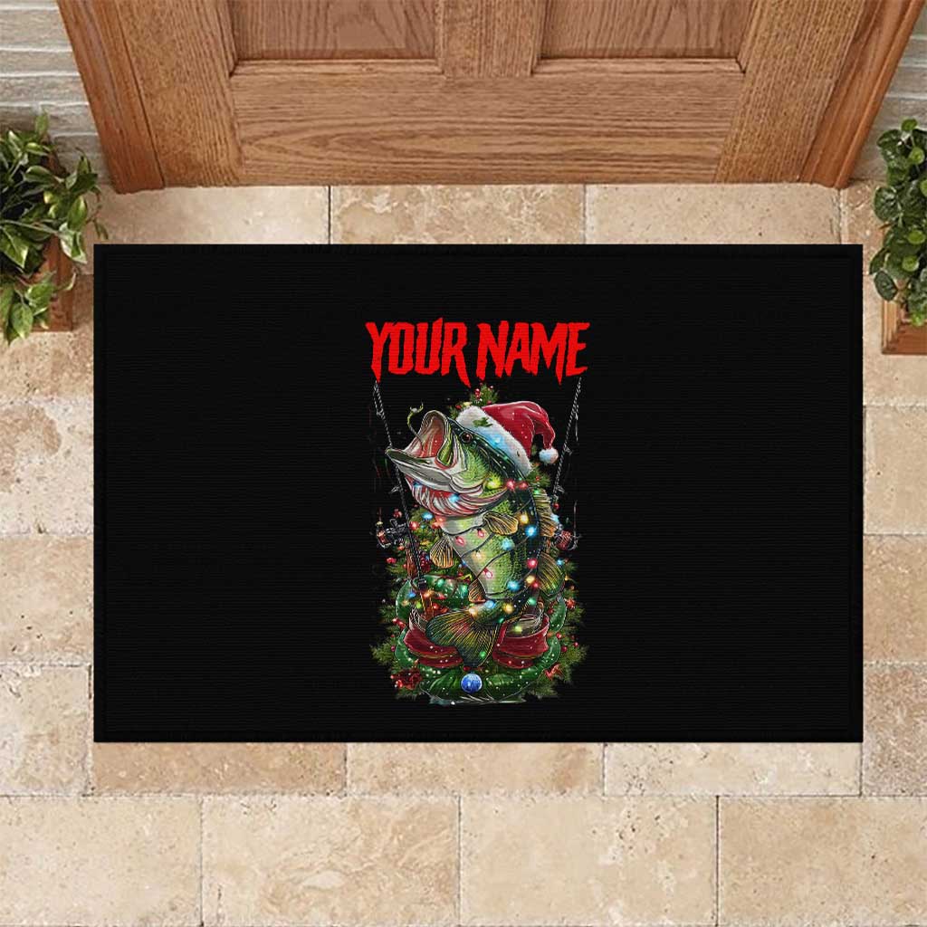 Custom Christmas Bass Fishing Rubber Doormat Santa Hat and Holiday Lights on Black Background - Wonder Print Shop
