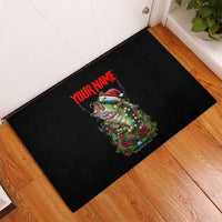 Custom Christmas Bass Fishing Rubber Doormat Santa Hat and Holiday Lights on Black Background - Wonder Print Shop