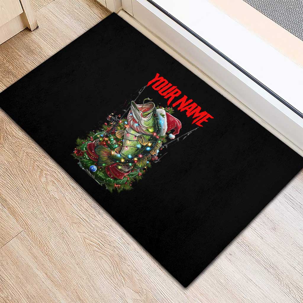 Custom Christmas Bass Fishing Rubber Doormat Santa Hat and Holiday Lights on Black Background - Wonder Print Shop
