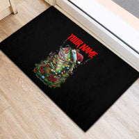 Custom Christmas Bass Fishing Rubber Doormat Santa Hat and Holiday Lights on Black Background - Wonder Print Shop
