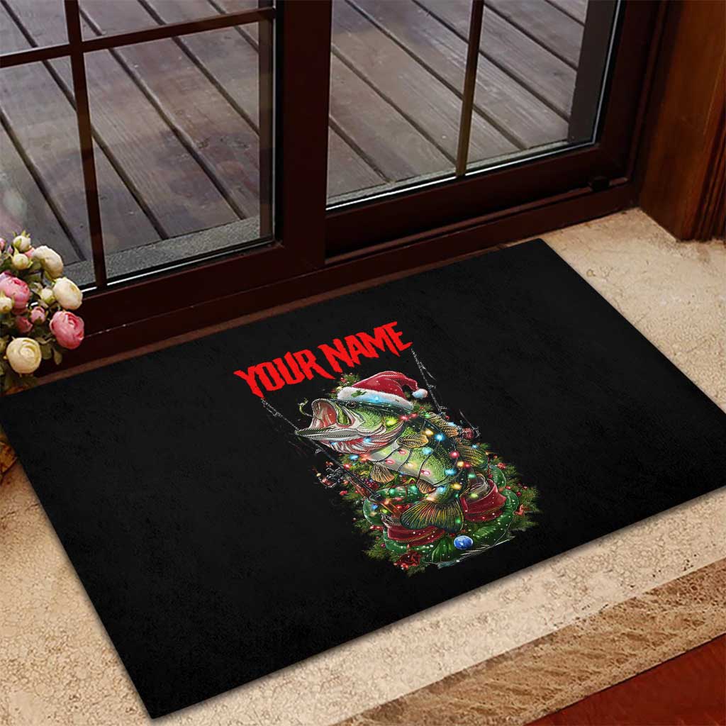 Custom Christmas Bass Fishing Rubber Doormat Santa Hat and Holiday Lights on Black Background - Wonder Print Shop