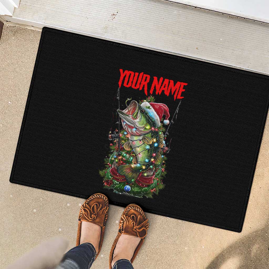 Custom Christmas Bass Fishing Rubber Doormat Santa Hat and Holiday Lights on Black Background - Wonder Print Shop
