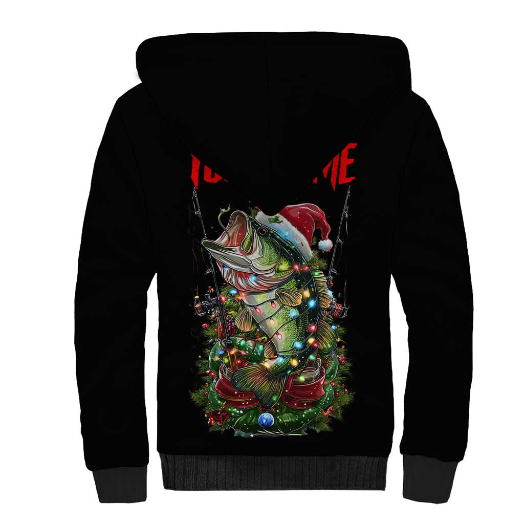 Custom Christmas Bass Fishing Sherpa Hoodie Santa Hat and Holiday Lights on Black Background - Wonder Print Shop