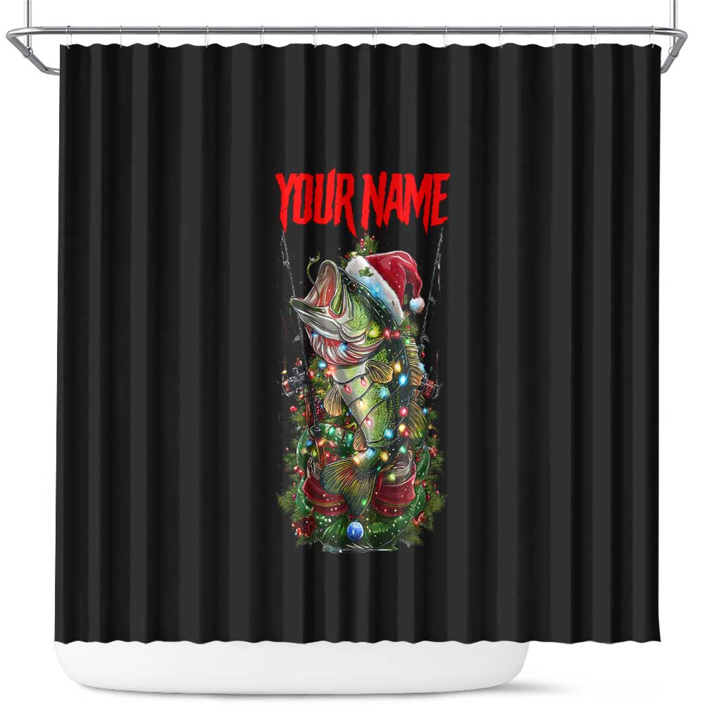 Custom Christmas Bass Fishing Shower Curtain Santa Hat and Holiday Lights on Black Background - Wonder Print Shop