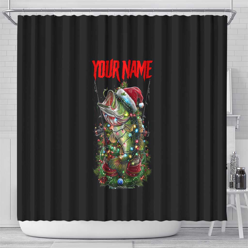 Custom Christmas Bass Fishing Shower Curtain Santa Hat and Holiday Lights on Black Background - Wonder Print Shop