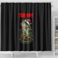 Custom Christmas Bass Fishing Shower Curtain Santa Hat and Holiday Lights on Black Background - Wonder Print Shop