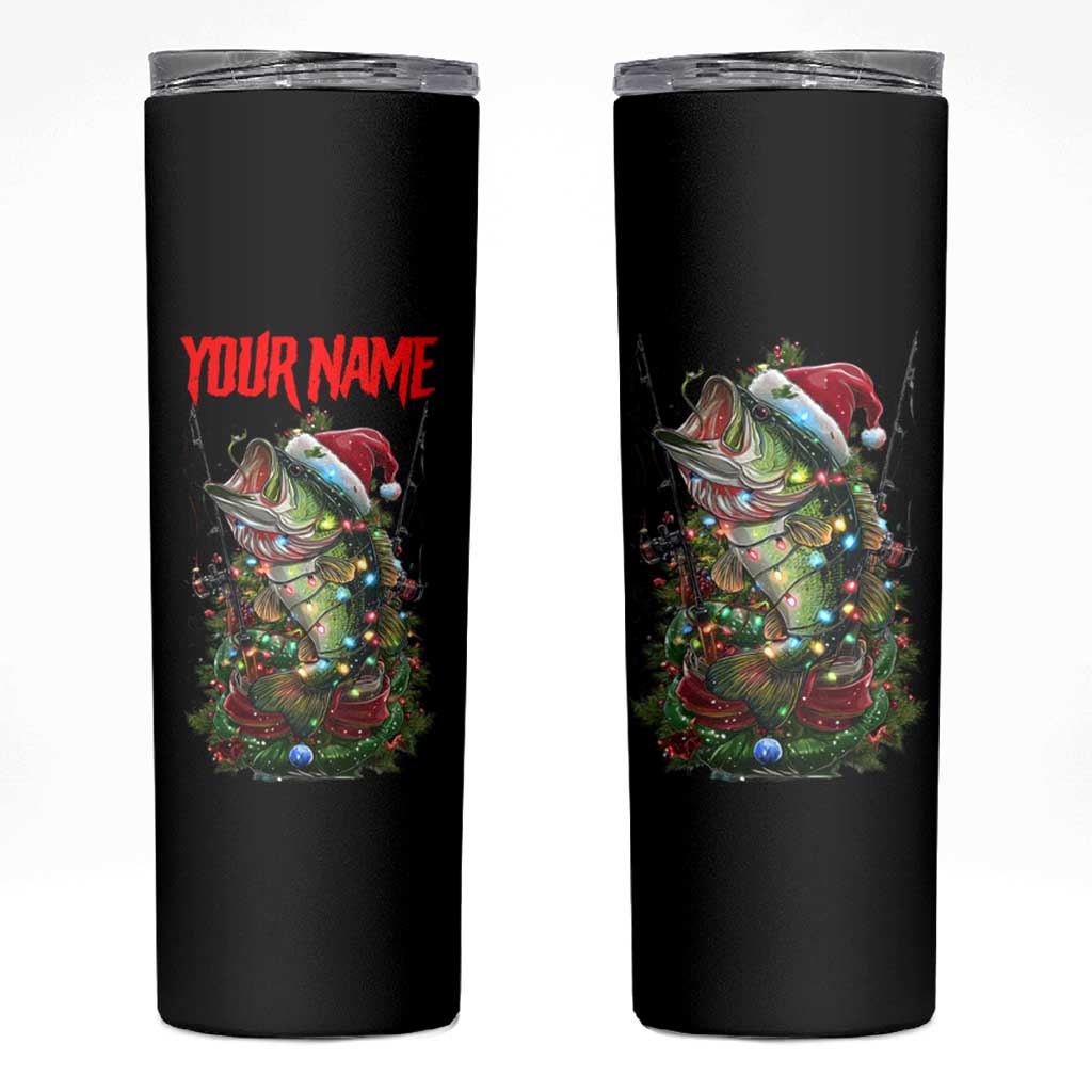 Custom Christmas Bass Fishing Skinny Tumbler Santa Hat and Holiday Lights on Black Background - Wonder Print Shop