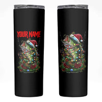 Custom Christmas Bass Fishing Skinny Tumbler Santa Hat and Holiday Lights on Black Background - Wonder Print Shop