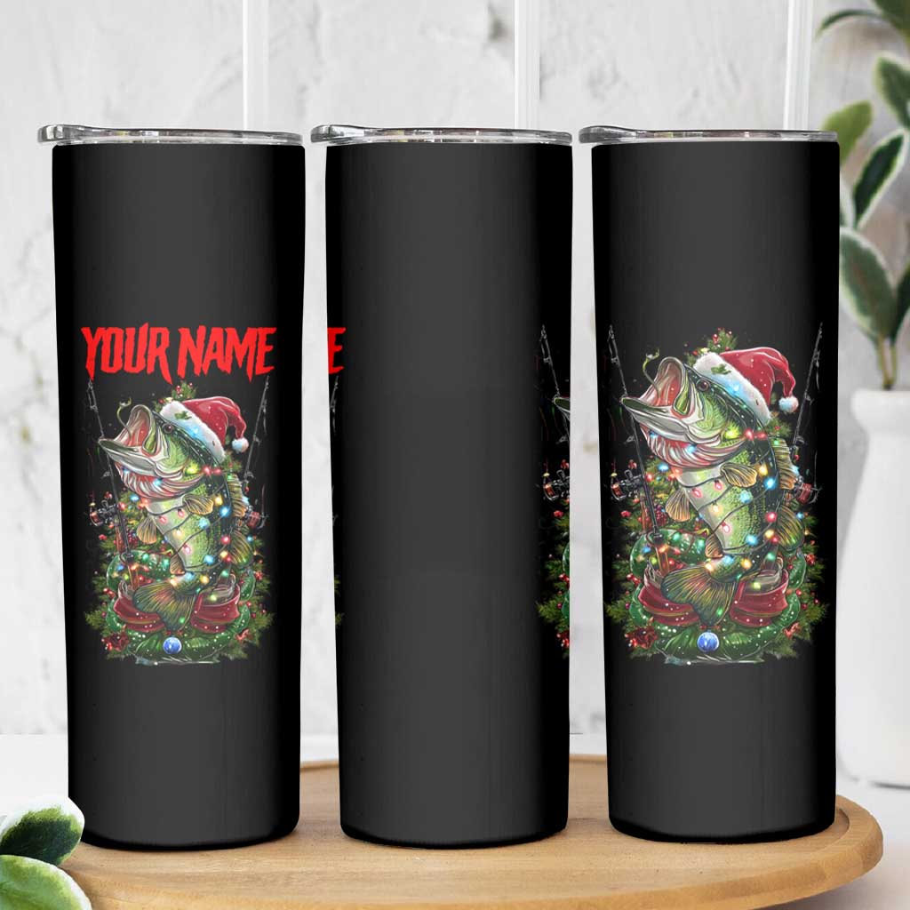 Custom Christmas Bass Fishing Skinny Tumbler Santa Hat and Holiday Lights on Black Background - Wonder Print Shop
