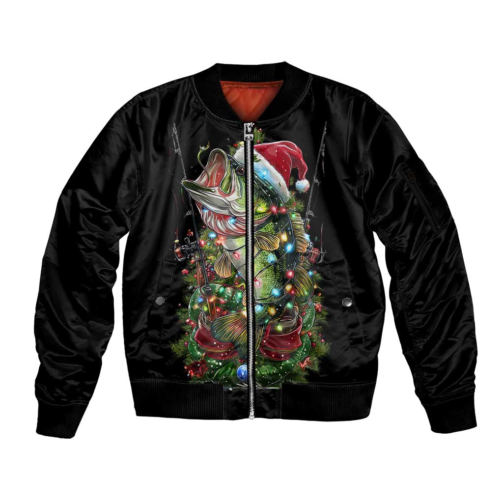 Custom Christmas Bass Fishing Sleeve Zip Bomber Jacket Santa Hat and Holiday Lights on Black Background - Wonder Print Shop
