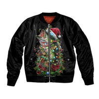 Custom Christmas Bass Fishing Sleeve Zip Bomber Jacket Santa Hat and Holiday Lights on Black Background - Wonder Print Shop