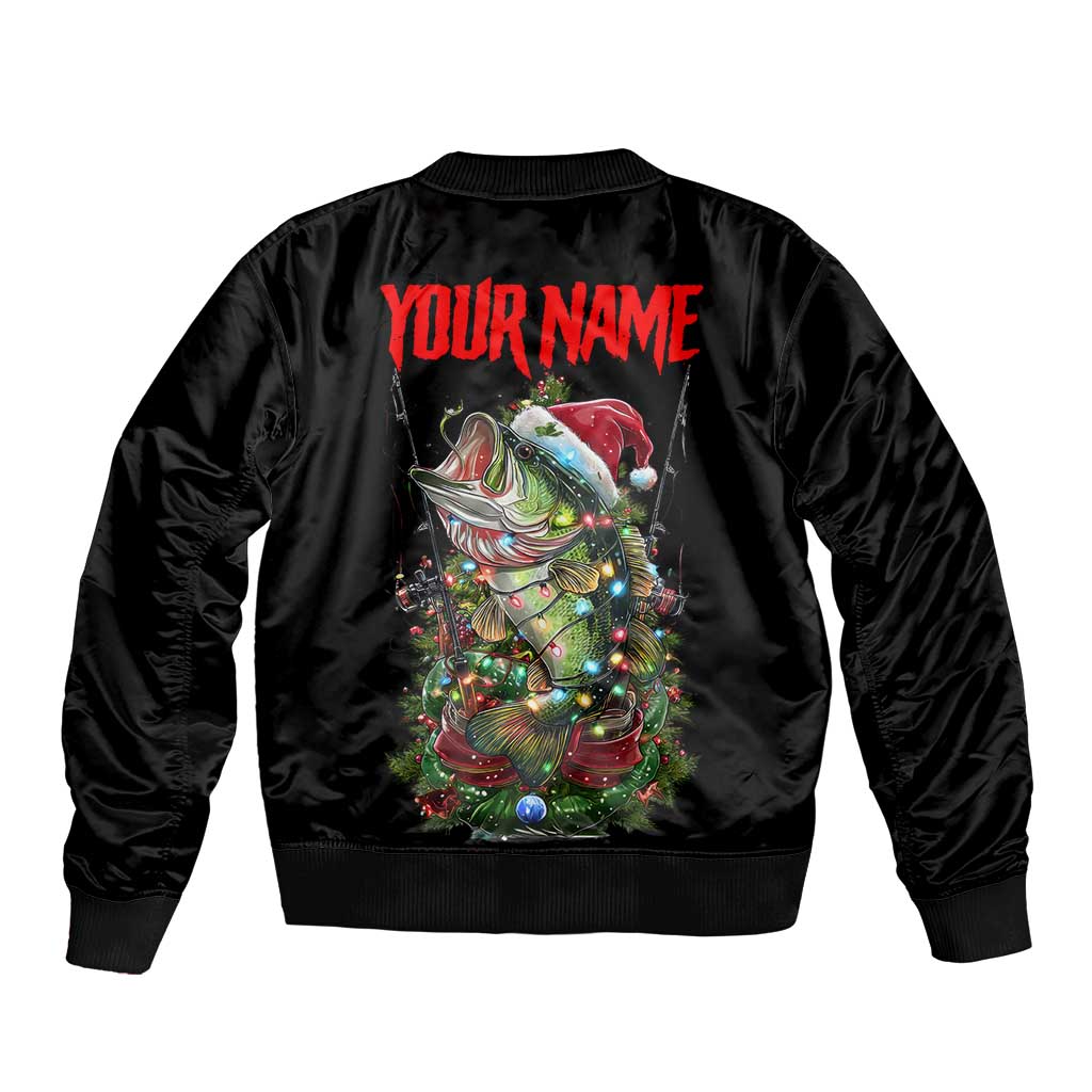 Custom Christmas Bass Fishing Sleeve Zip Bomber Jacket Santa Hat and Holiday Lights on Black Background - Wonder Print Shop