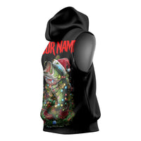 Custom Christmas Bass Fishing Sleeveless Hoodie Santa Hat and Holiday Lights on Black Background - Wonder Print Shop