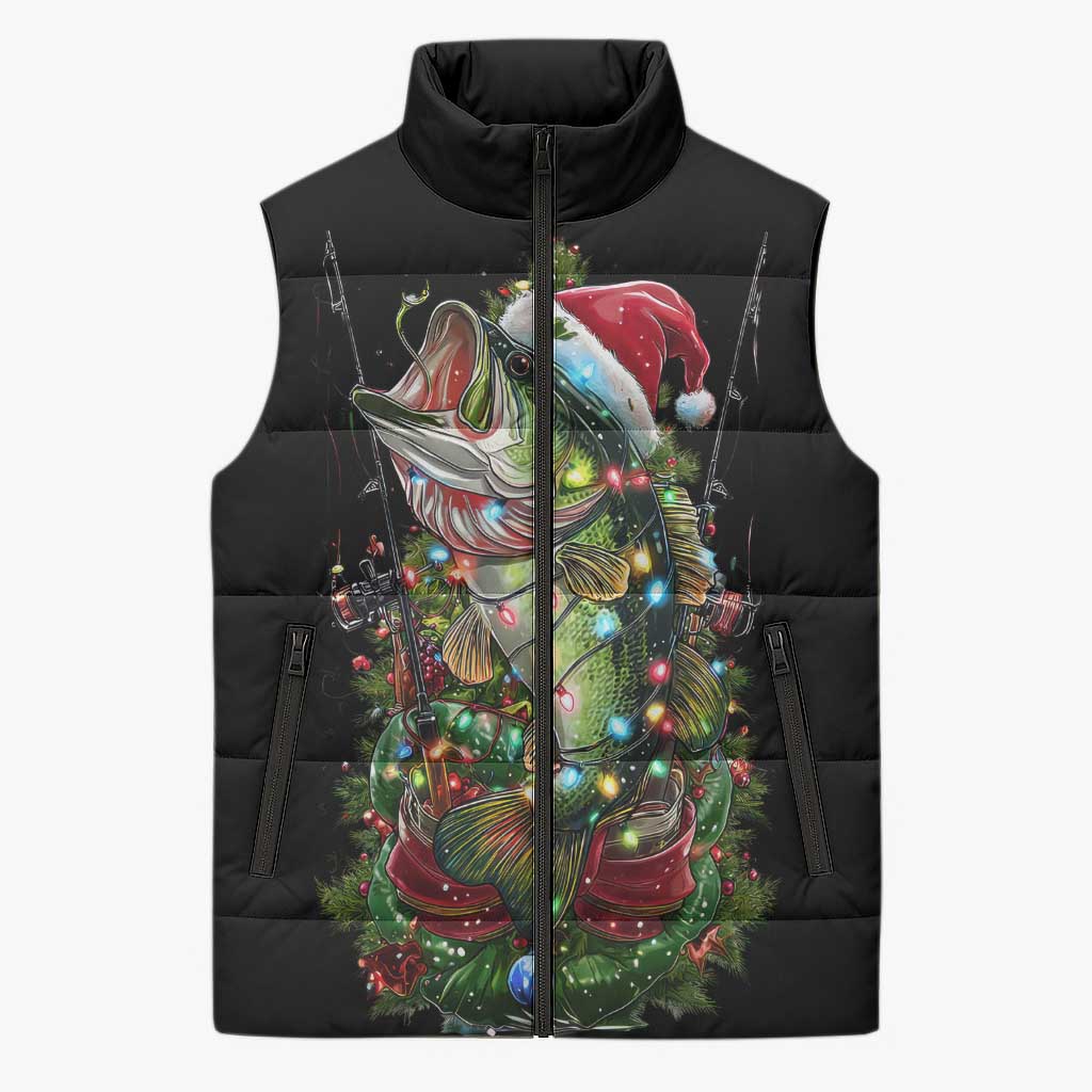 Custom Christmas Bass Fishing Sleeveless Puffer Jacket Santa Hat and Holiday Lights on Black Background - Wonder Print Shop