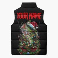 Custom Christmas Bass Fishing Sleeveless Puffer Jacket Santa Hat and Holiday Lights on Black Background - Wonder Print Shop