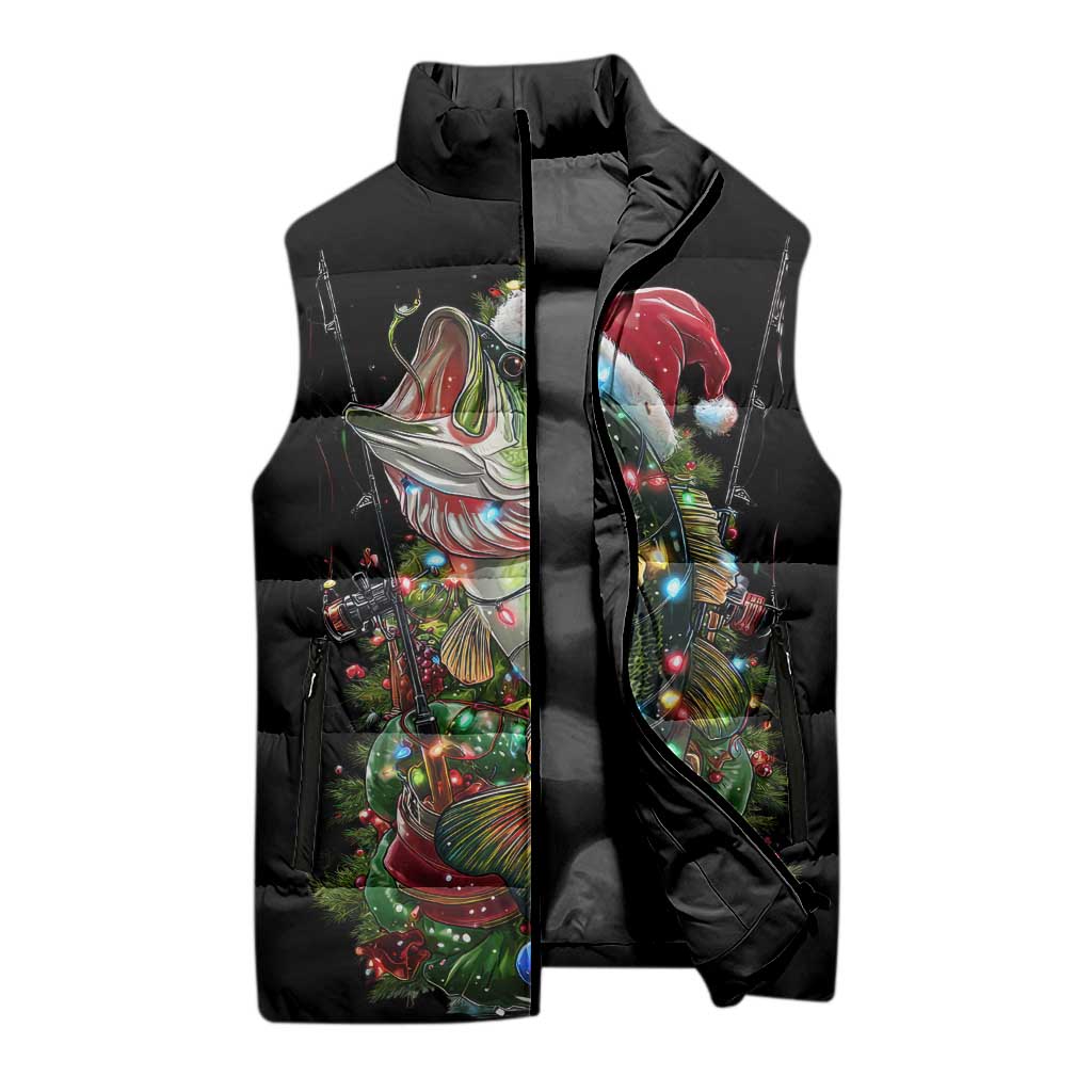 Custom Christmas Bass Fishing Sleeveless Puffer Jacket Santa Hat and Holiday Lights on Black Background - Wonder Print Shop