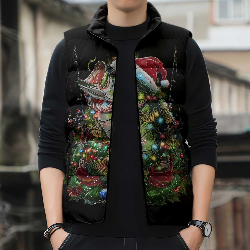Custom Christmas Bass Fishing Sleeveless Puffer Jacket Santa Hat and Holiday Lights on Black Background - Wonder Print Shop
