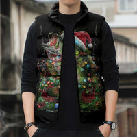 Custom Christmas Bass Fishing Sleeveless Puffer Jacket Santa Hat and Holiday Lights on Black Background - Wonder Print Shop
