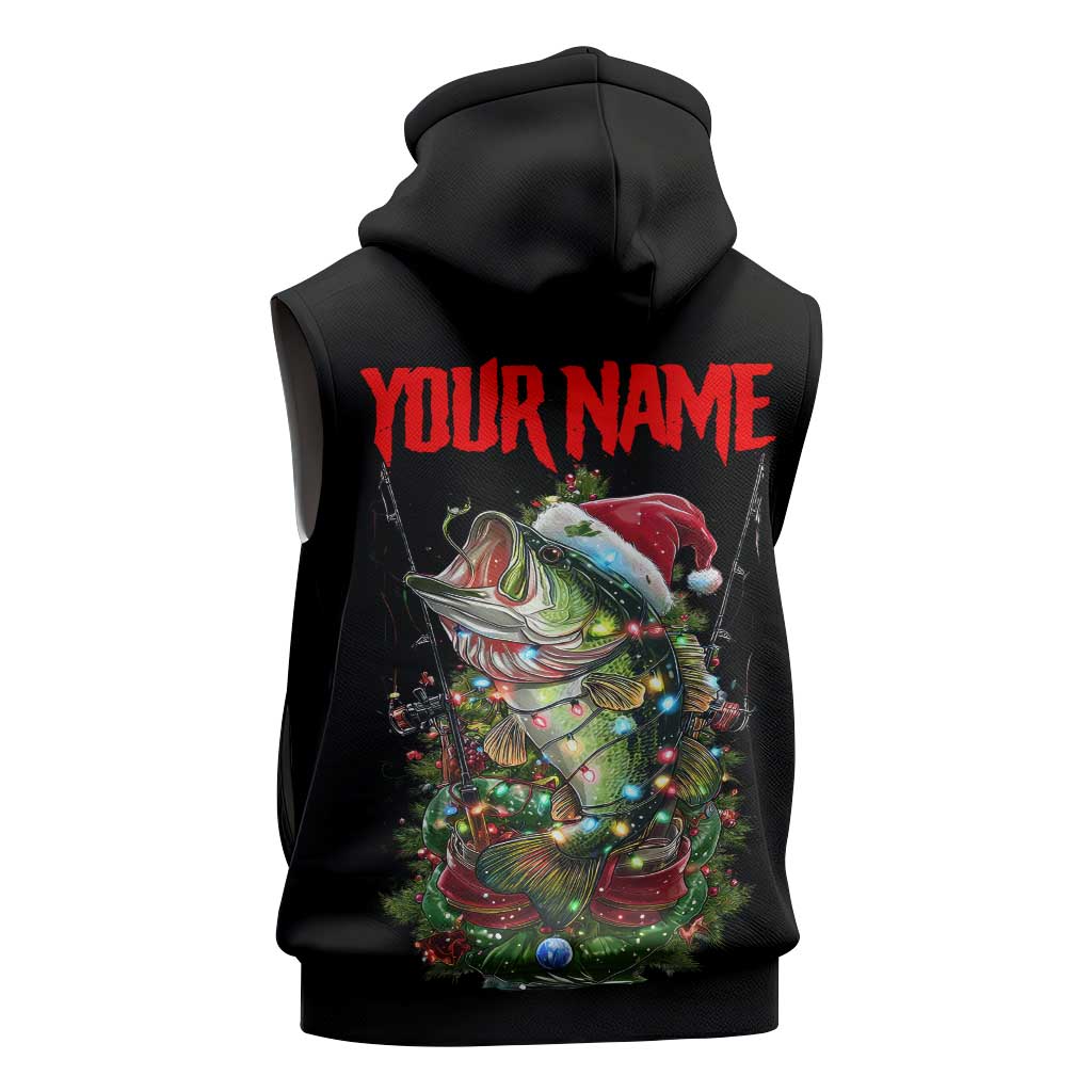 Custom Christmas Bass Fishing Sleeveless Zip Hoodie Santa Hat and Holiday Lights on Black Background - Wonder Print Shop